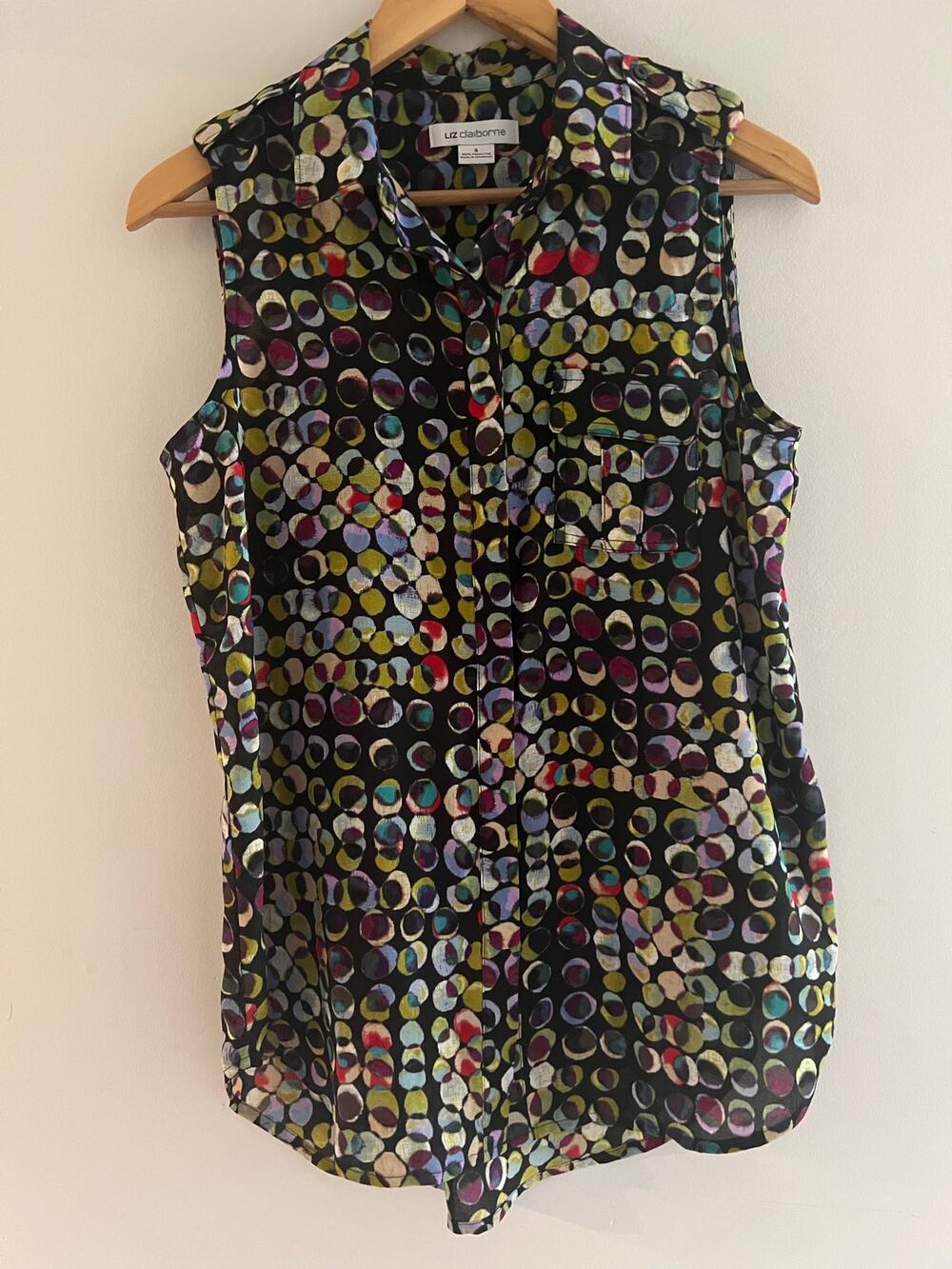Liz Claiborne Sheer Sleeveless Button Down Colorful Abstract Size Small JL